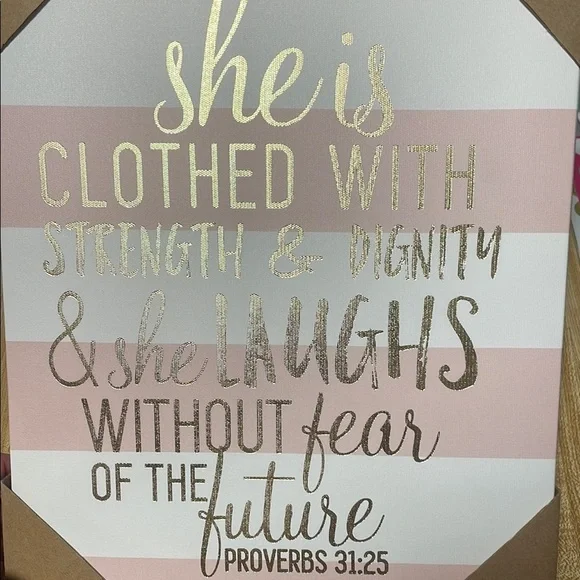 Proverbs 31:25 Pink & White with Gold Writing Canvas Decor - Picture 2 of 3